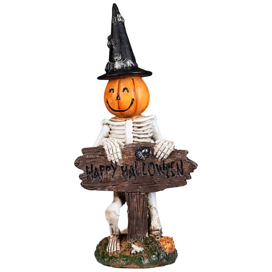 Northlight 9.5" Jack-o'-Lanterns Skeleton in Witch's Hat with Signboard Figurine | Michaels®